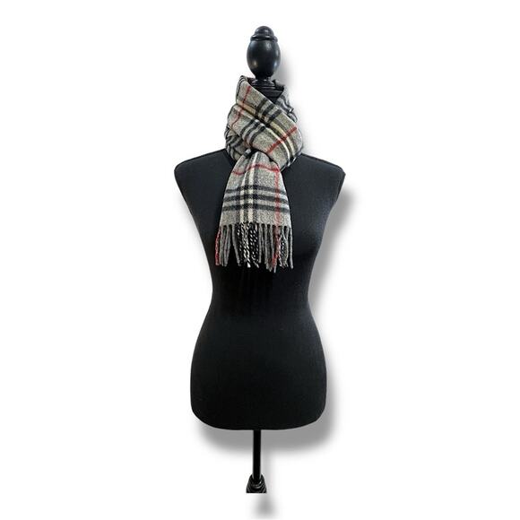 BURBERRYS OF LONDON 100% Lambswool Plaid Gray, Red, Black, Ivory Scarf 12x56” - Picture 9 of 16